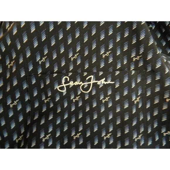 Sean John Dress Shirt L Black Logo Blue Lines Long Sleeve Cuff Polyester - Picture 3 of 6